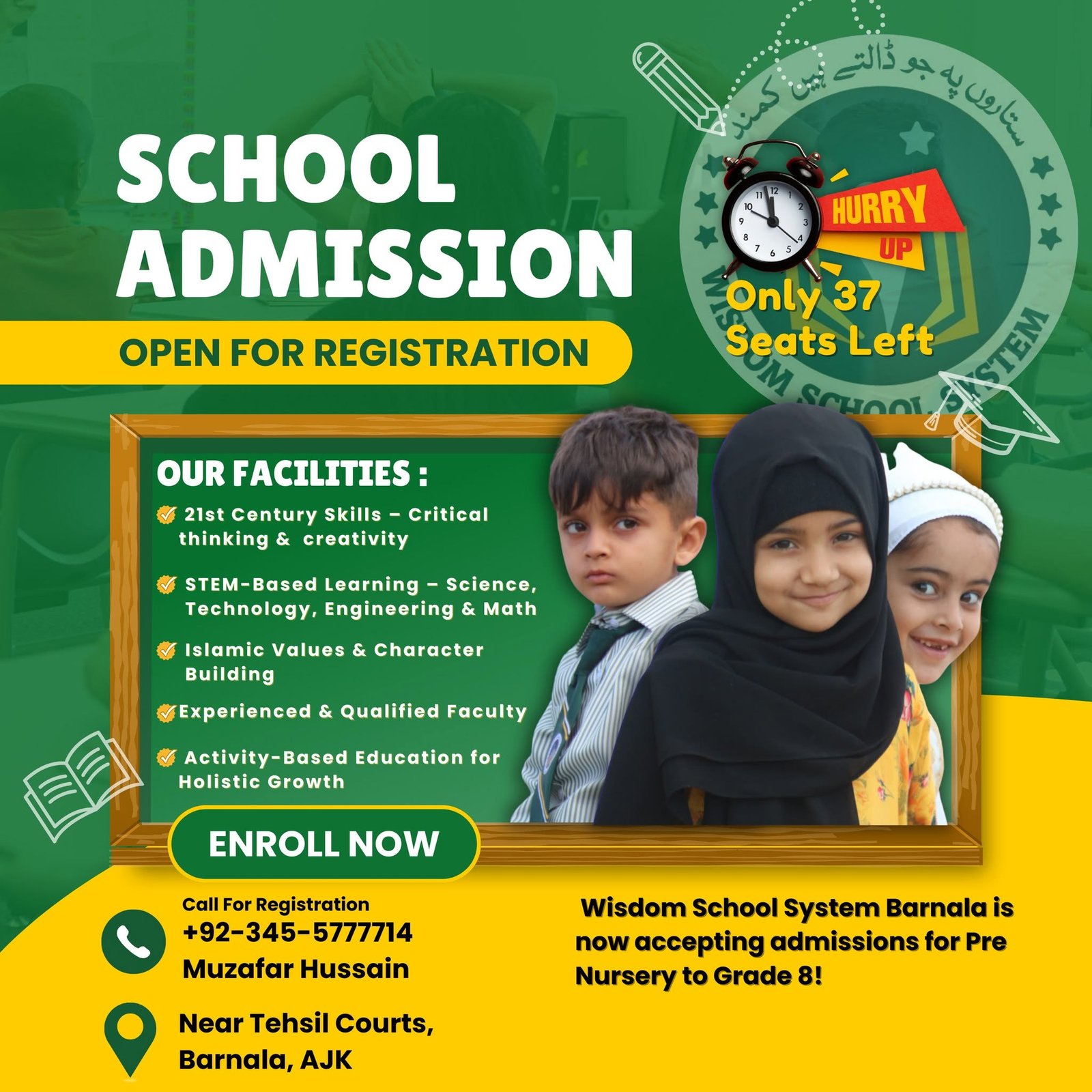Wisdom School System admissions ad: seats left and facilities