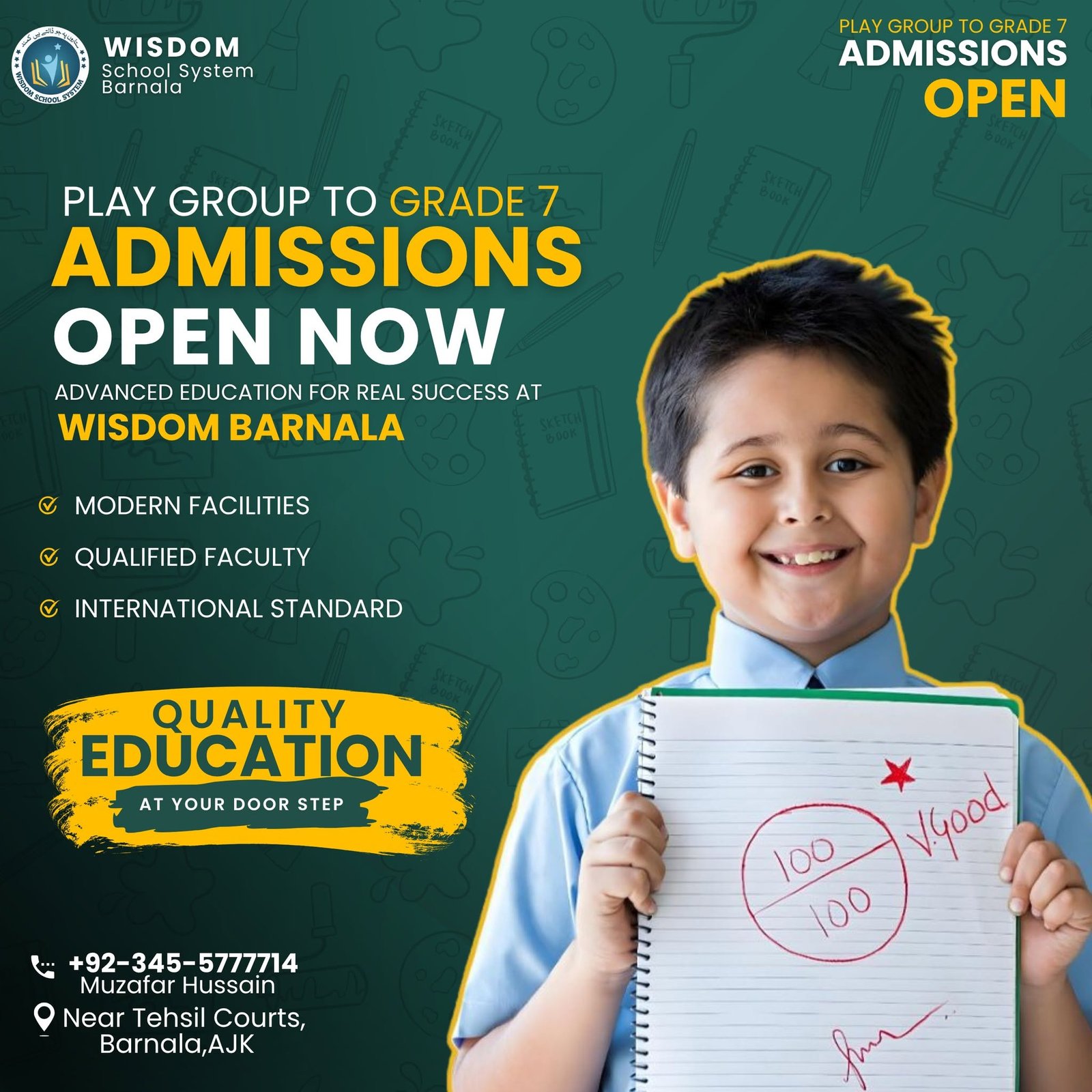 Wisdom School System admissions open ad, Play Group to Grade 7